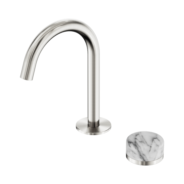 An image of Nero Tapware's Serenity Progressive Basin Mixer Arc Spout With Arabescato Corchia Handle Brushed Nickel