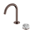 An image of Nero Tapware's Serenity Progressive Basin Mixer Arc Spout With Arabescato Corchia Handle Brushed Bronze