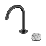 An image of Nero Tapware's Serenity Progressive Basin Mixer Arc Spout With Arabescato Corchia Handle Gun Metal
