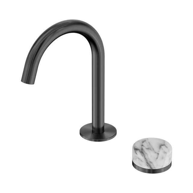 An image of Nero Tapware's Serenity Progressive Basin Mixer Arc Spout With Arabescato Corchia Handle Gun Metal