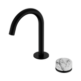 An image of Nero Tapware's Serenity Progressive Basin Mixer Arc Spout With Arabescato Corchia Handle Matt Black