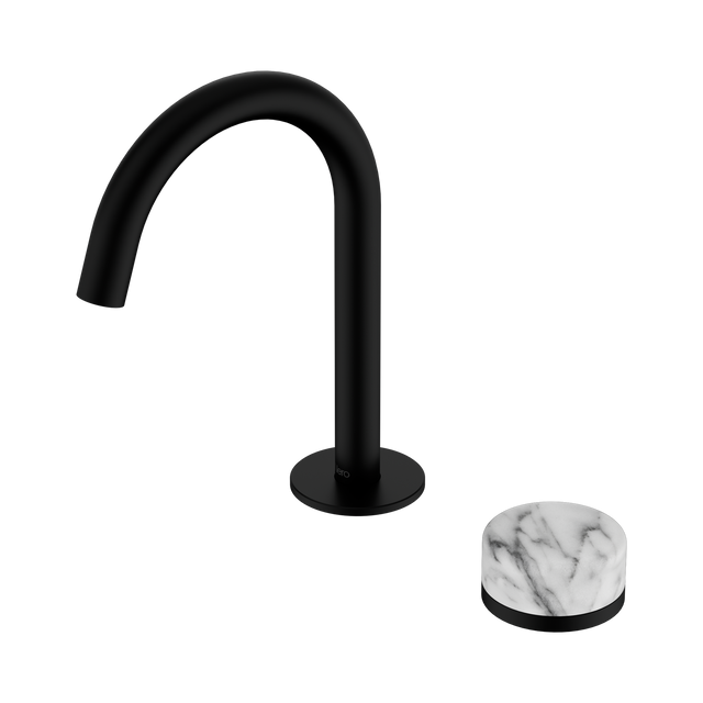 An image of Nero Tapware's Serenity Progressive Basin Mixer Arc Spout With Arabescato Corchia Handle Matt Black