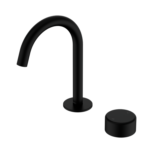An image of Nero Tapware's Serenity Progressive Basin Mixer Arc Spout With Metal Handle Matt Black