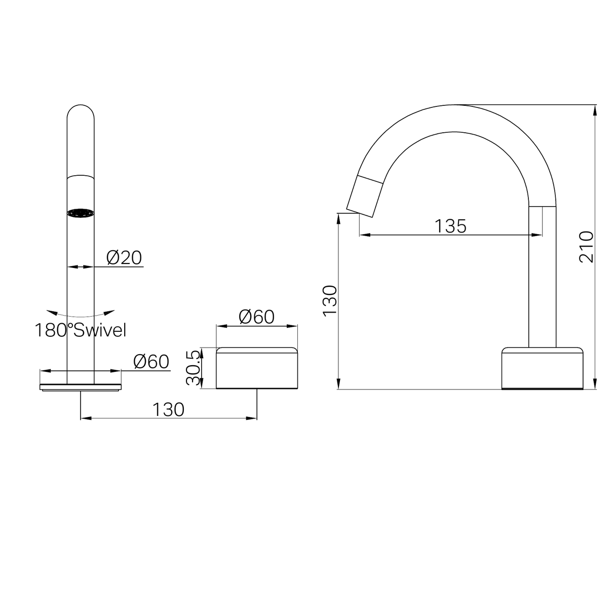 A line drawing of Nero Tapware's Serenity Progressive Basin Mixer Arc Spout With Metal Handle Brushed Gold