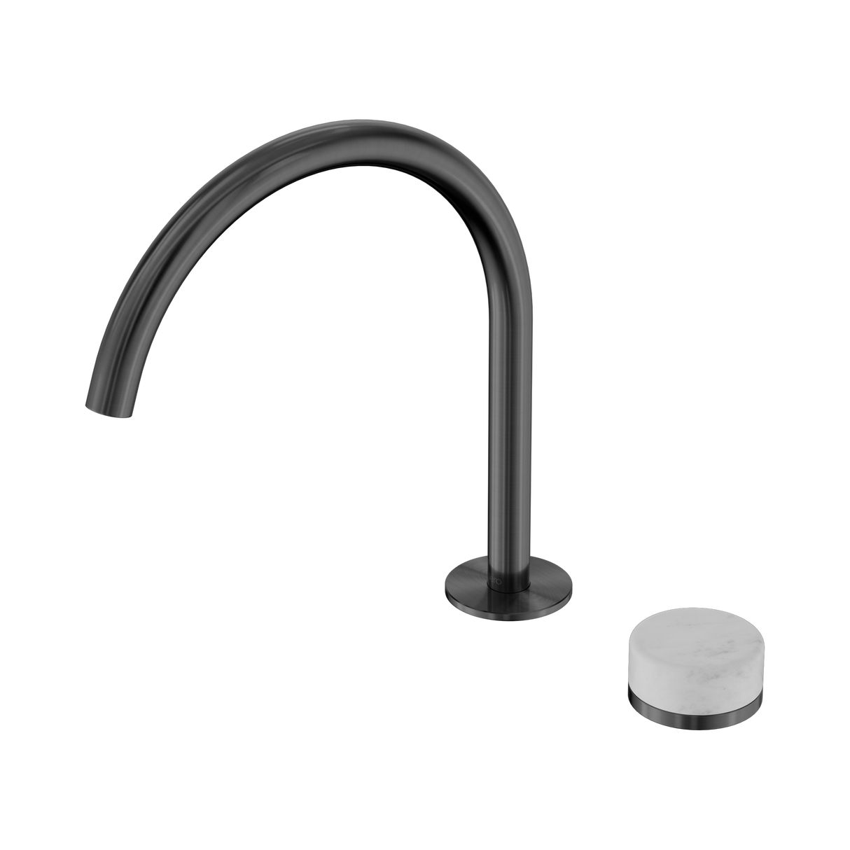 An image of Nero Tapware's Serenity Progressive Bath/Kitchen Mixer Arc Spout With Carrara Handle Gun Metal