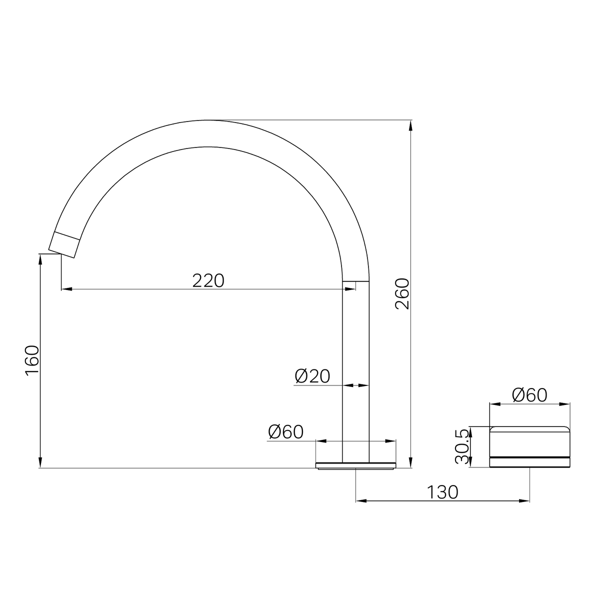 A line drawing of Nero Tapware's Serenity Progressive Bath/Kitchen Mixer Arc Spout With Carrara Handle Brushed Nickel