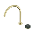 An image of Nero Tapware's Serenity Progressive Bath/Kitchen Mixer Arc Spout With Verde Alpi Handle Brushed Gold