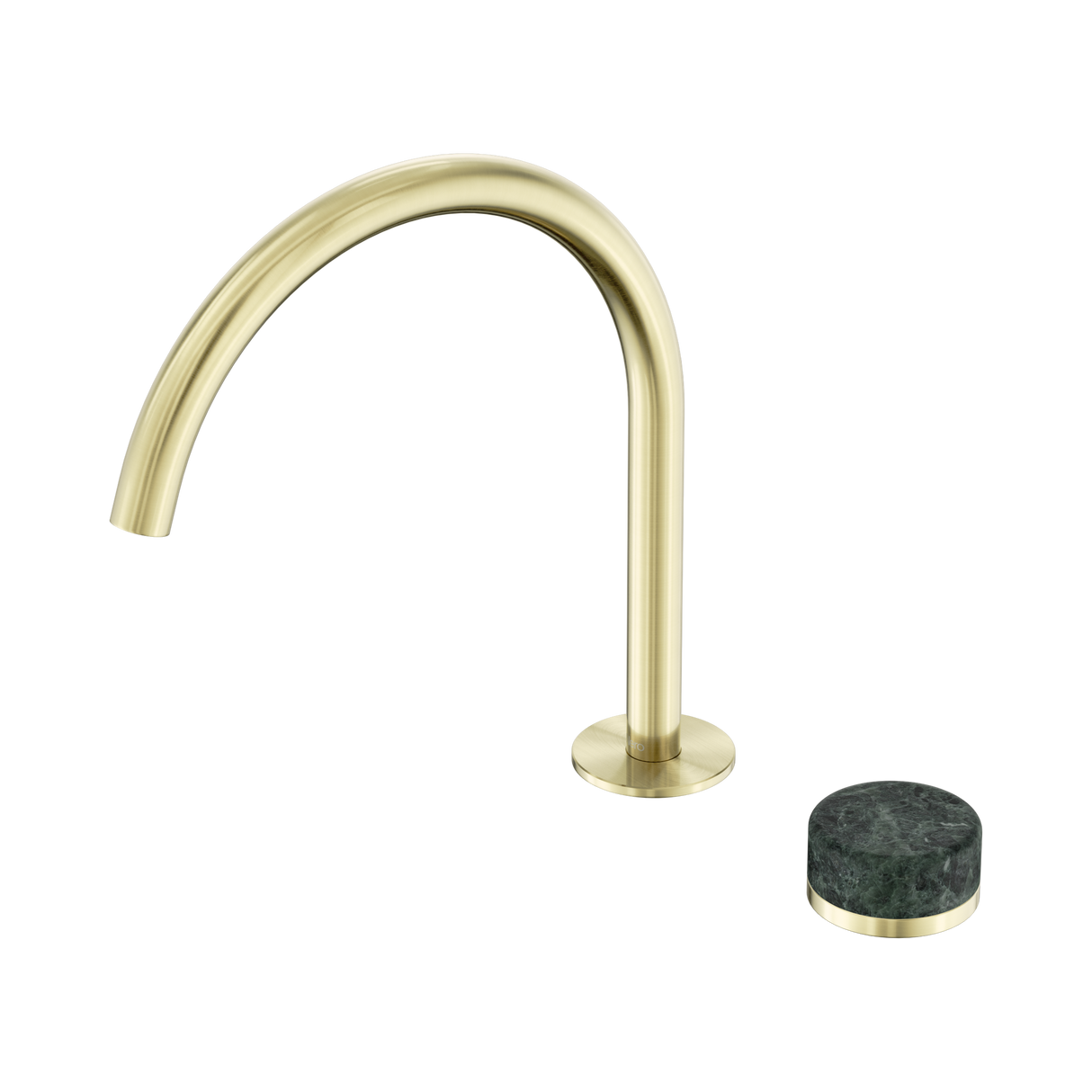 An image of Nero Tapware's Serenity Progressive Bath/Kitchen Mixer Arc Spout With Verde Alpi Handle Brushed Gold