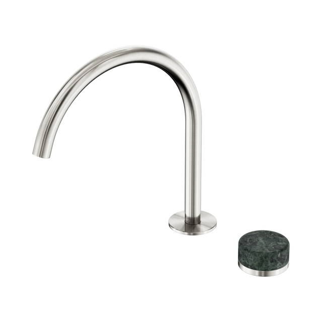 An image of Nero Tapware's Serenity Progressive Bath/Kitchen Mixer Arc Spout With Verde Alpi Handle Brushed Nickel