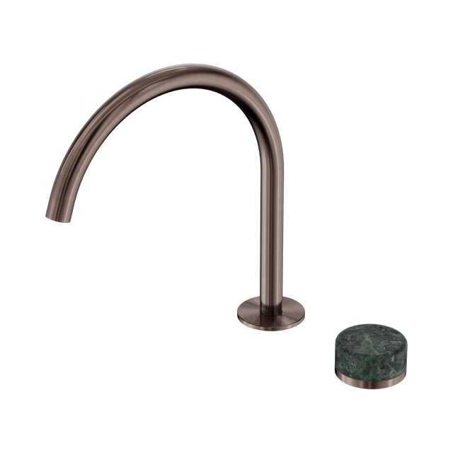 An image of Nero Tapware's Serenity Progressive Bath/Kitchen Mixer Arc Spout With Verde Alpi Handle Brushed Bronze