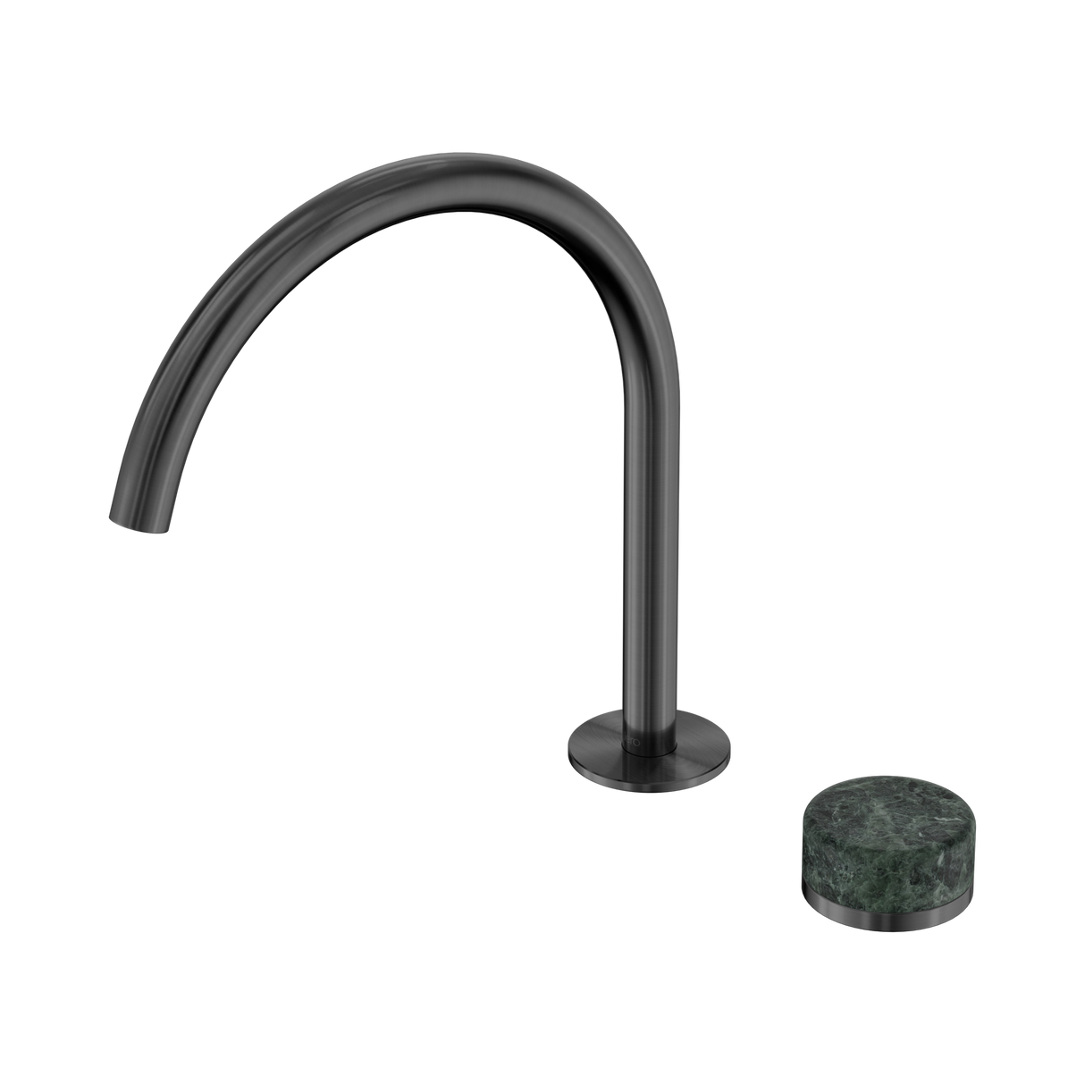 An image of Nero Tapware's Serenity Progressive Bath/Kitchen Mixer Arc Spout With Verde Alpi Handle Gun Metal