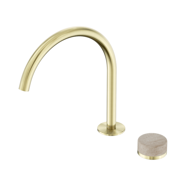 An image of Nero Tapware's Serenity Progressive Bath/Kitchen Mixer Arc Spout With Rome Travertine Handle Brushed Gold