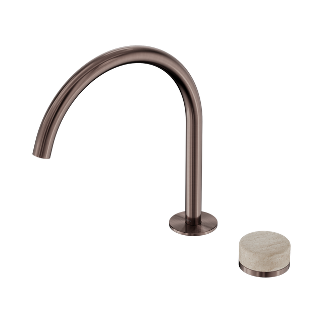 An image of Nero Tapware's Serenity Progressive Bath/Kitchen Mixer Arc Spout With Rome Travertine Handle Brushed Bronze