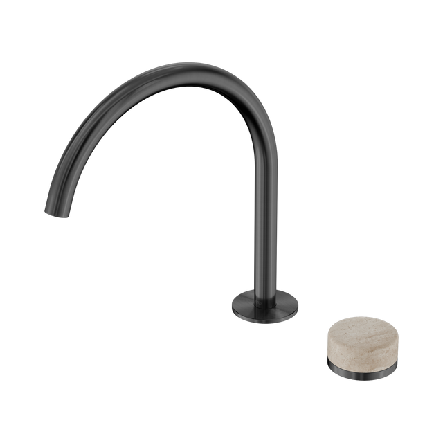 An image of Nero Tapware's Serenity Progressive Bath/Kitchen Mixer Arc Spout With Rome Travertine Handle Gun Metal