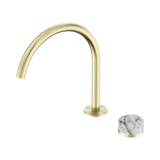 An image of Nero Tapware's Serenity Progressive Bath/Kitchen Mixer Arc Spout With Arabescato Corchia Handle Brushed Gold