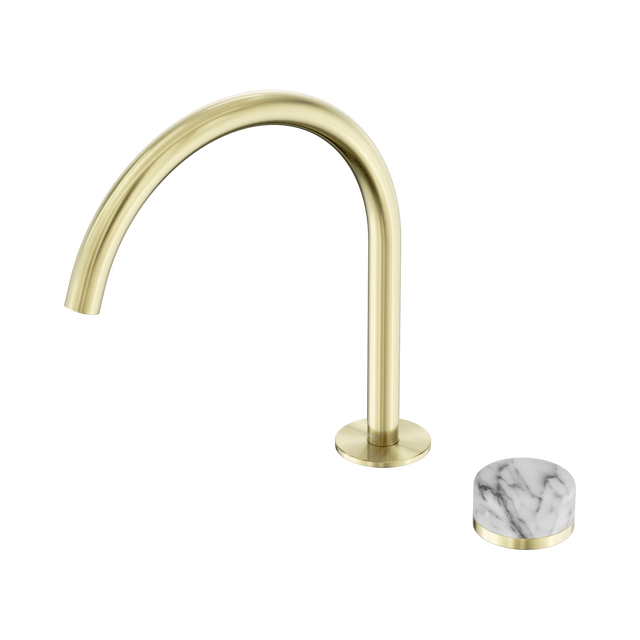 An image of Nero Tapware's Serenity Progressive Bath/Kitchen Mixer Arc Spout With Arabescato Corchia Handle Brushed Gold