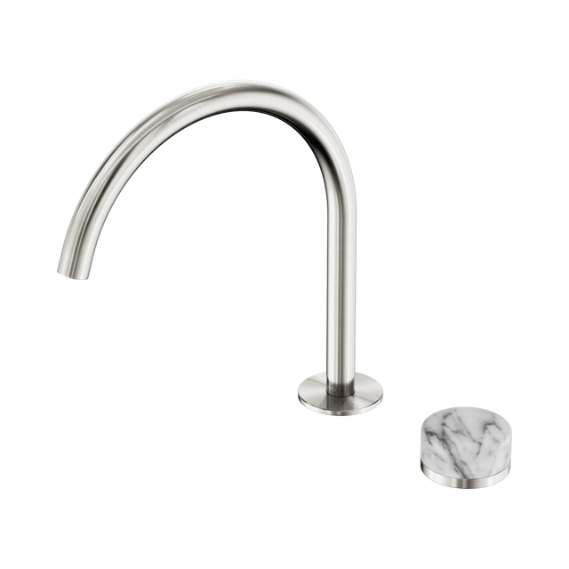 An image of Nero Tapware's Serenity Progressive Bath/Kitchen Mixer Arc Spout With Arabescato Corchia Handle Brushed Nickel