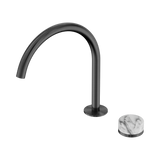 An image of Nero Tapware's Serenity Progressive Bath/Kitchen Mixer Arc Spout With Arabescato Corchia Handle Gun Metal