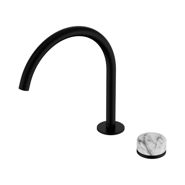 An image of Nero Tapware's Serenity Progressive Bath/Kitchen Mixer Arc Spout With Arabescato Corchia Handle Matt Black