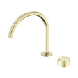 An image of Nero Tapware's Serenity Progressive Bath/Kitchen Mixer Arc Spout With Metal Handle Brushed Gold