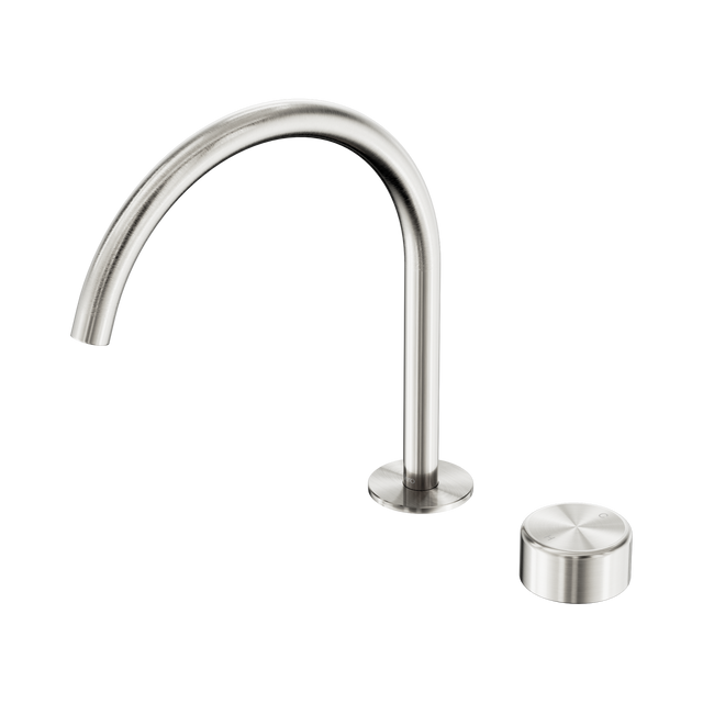 An image of Nero Tapware's Serenity Progressive Bath/Kitchen Mixer Arc Spout With Metal Handle Brushed Nickel