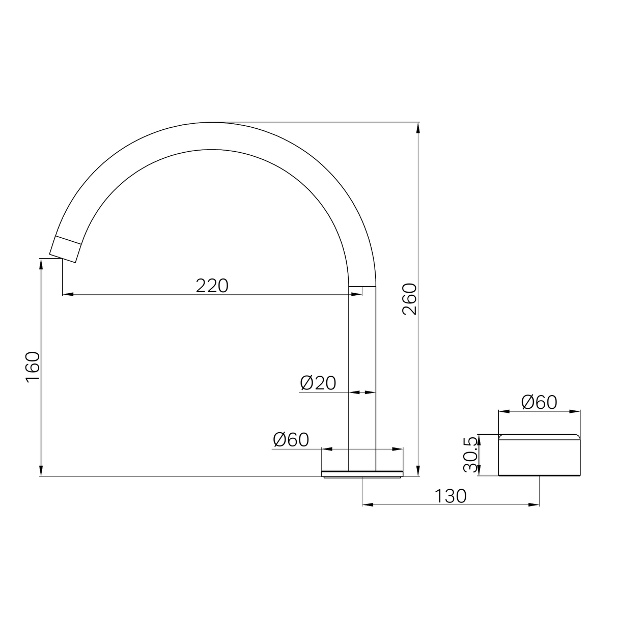 A line drawing of Nero Tapware's Serenity Progressive Bath/Kitchen Mixer Arc Spout With Metal Handle Chrome