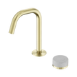 An image of Nero Tapware's Serenity Progressive Basin Mixer Edge Spout With Carrara Handle Brushed Gold