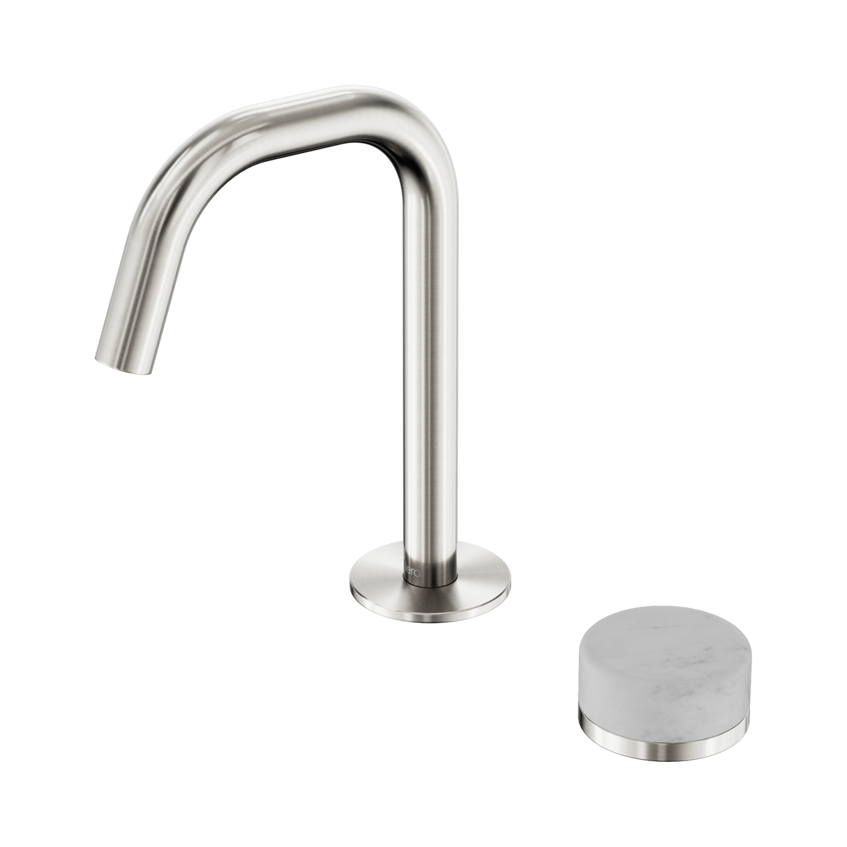 An image of Nero Tapware's Serenity Progressive Basin Mixer Edge Spout With Carrara Handle Brushed Nickel