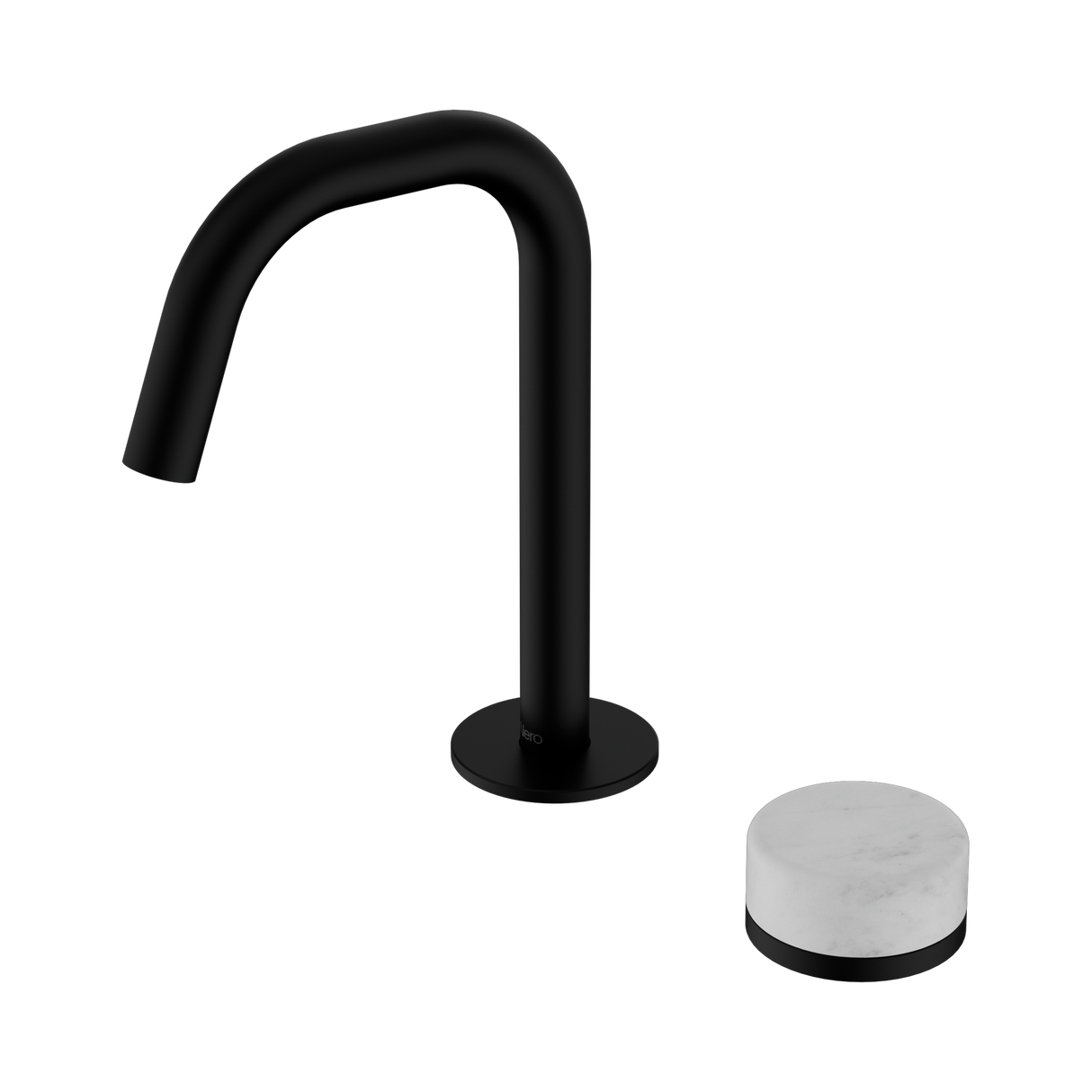 An image of Nero Tapware's Serenity Progressive Basin Mixer Edge Spout With Carrara Handle Matt Black