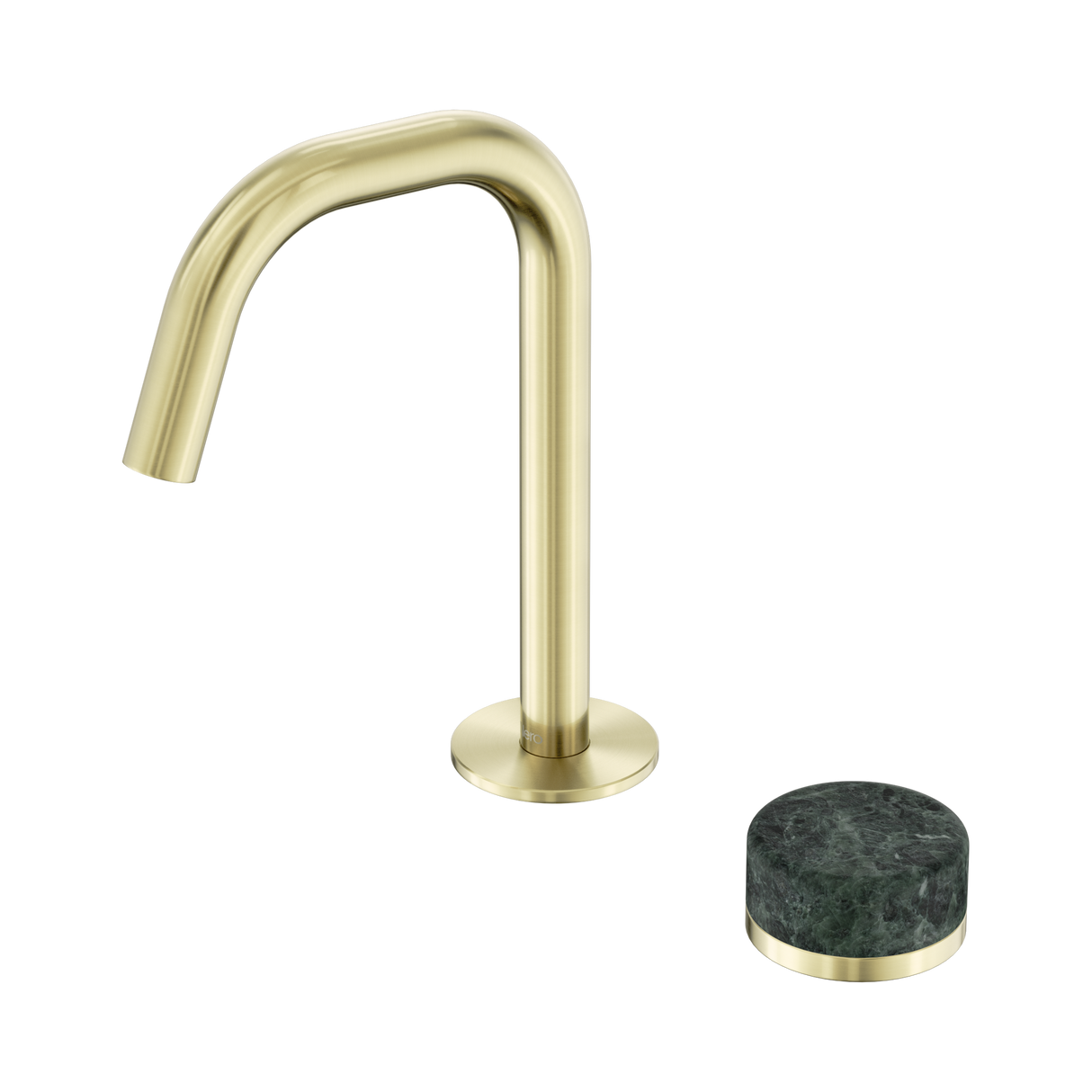 An image of Nero Tapware's Serenity Progressive Basin Mixer Edge Spout With Verde Alpi Handle Brushed Gold