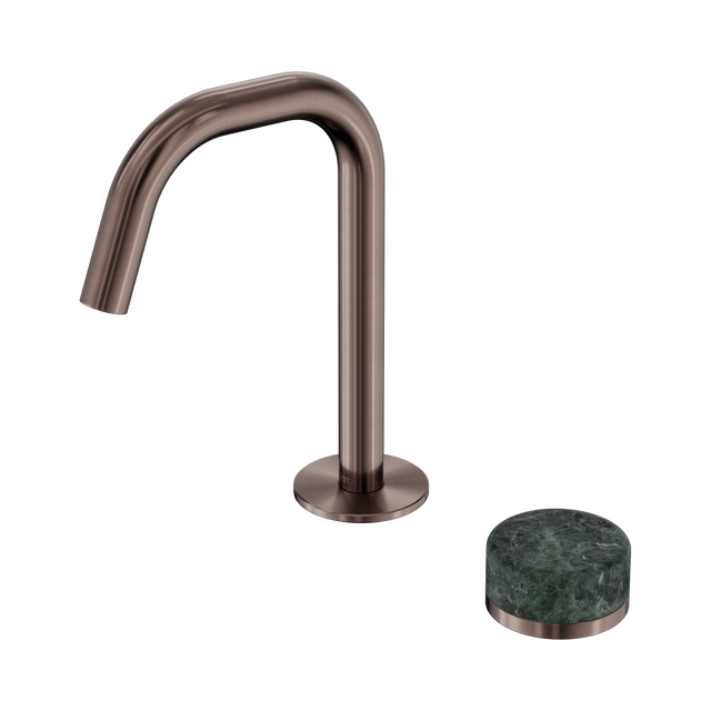 An image of Nero Tapware's Serenity Progressive Basin Mixer Edge Spout With Verde Alpi Handle Brushed Bronze