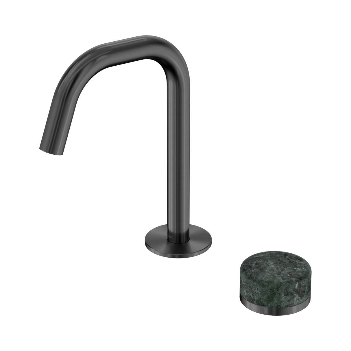An image of Nero Tapware's Serenity Progressive Basin Mixer Edge Spout With Verde Alpi Handle Gun Metal