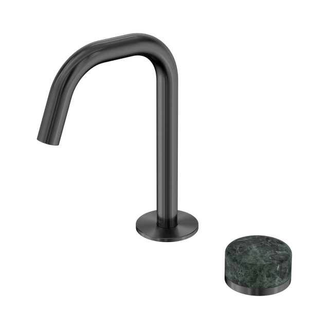 An image of Nero Tapware's Serenity Progressive Basin Mixer Edge Spout With Verde Alpi Handle Gun Metal