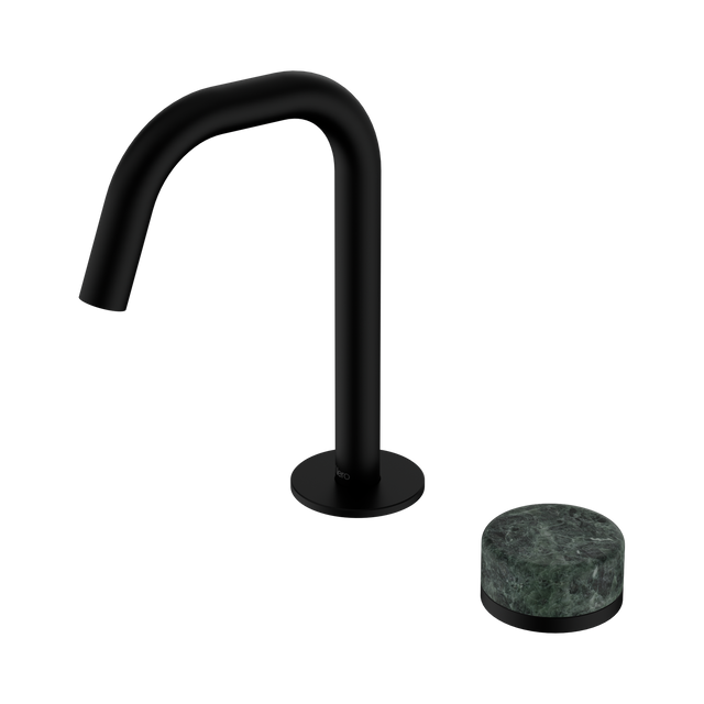 An image of Nero Tapware's Serenity Progressive Basin Mixer Edge Spout With Verde Alpi Handle Matt Black