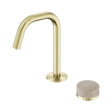 An image of Nero Tapware's Serenity Progressive Basin Mixer Edge Spout With Rome Travertine Handle Brushed Gold