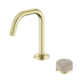 An image of Nero Tapware's Serenity Progressive Basin Mixer Edge Spout With Rome Travertine Handle Brushed Gold