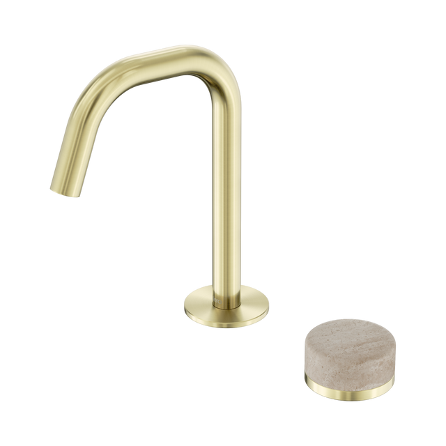 An image of Nero Tapware's Serenity Progressive Basin Mixer Edge Spout With Rome Travertine Handle Brushed Gold