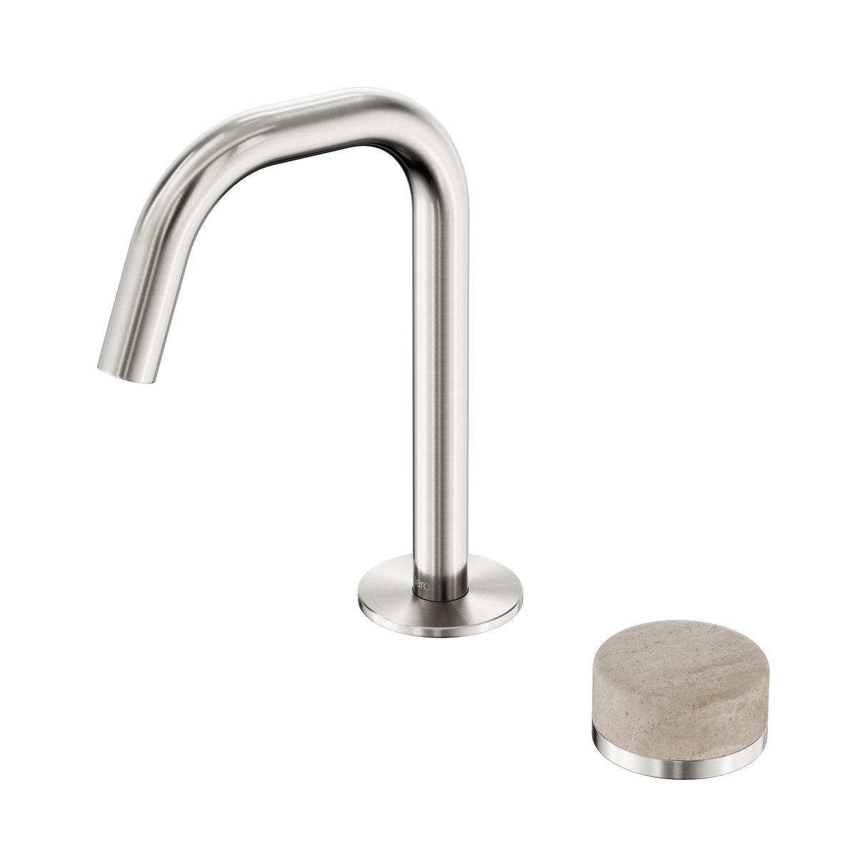 An image of Nero Tapware's Serenity Progressive Basin Mixer Edge Spout With Rome Travertine Handle Brushed Nickel