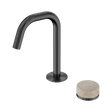 An image of Nero Tapware's Serenity Progressive Basin Mixer Edge Spout With Rome Travertine Handle Gun Metal