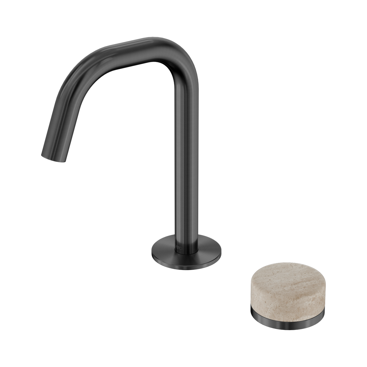 An image of Nero Tapware's Serenity Progressive Basin Mixer Edge Spout With Rome Travertine Handle Gun Metal