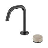 An image of Nero Tapware's Serenity Progressive Basin Mixer Edge Spout With Rome Travertine Handle Gun Metal