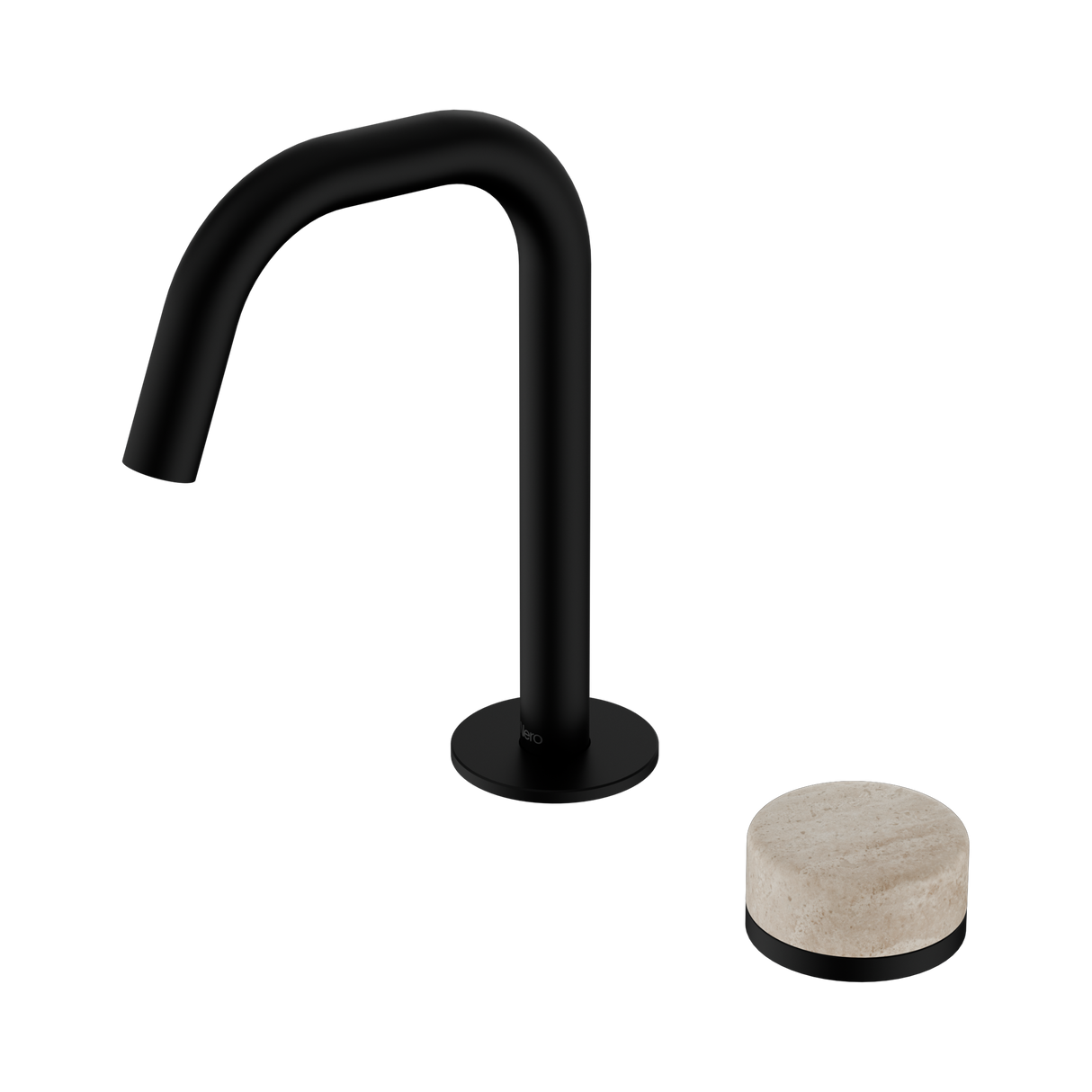 An image of Nero Tapware's Serenity Progressive Basin Mixer Edge Spout With Rome Travertine Handle Matt Black