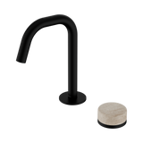 An image of Nero Tapware's Serenity Progressive Basin Mixer Edge Spout With Rome Travertine Handle Matt Black