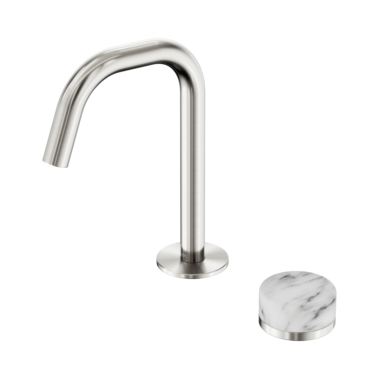An image of Nero Tapware's Serenity Progressive Basin Mixer Edge Spout With Arabescato Corchia Handle Brushed Nickel