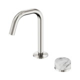 An image of Nero Tapware's Serenity Progressive Basin Mixer Edge Spout With Arabescato Corchia Handle Brushed Nickel