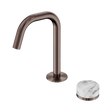 An image of Nero Tapware's Serenity Progressive Basin Mixer Edge Spout With Arabescato Corchia Handle Brushed Bronze