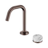 An image of Nero Tapware's Serenity Progressive Basin Mixer Edge Spout With Arabescato Corchia Handle Brushed Bronze
