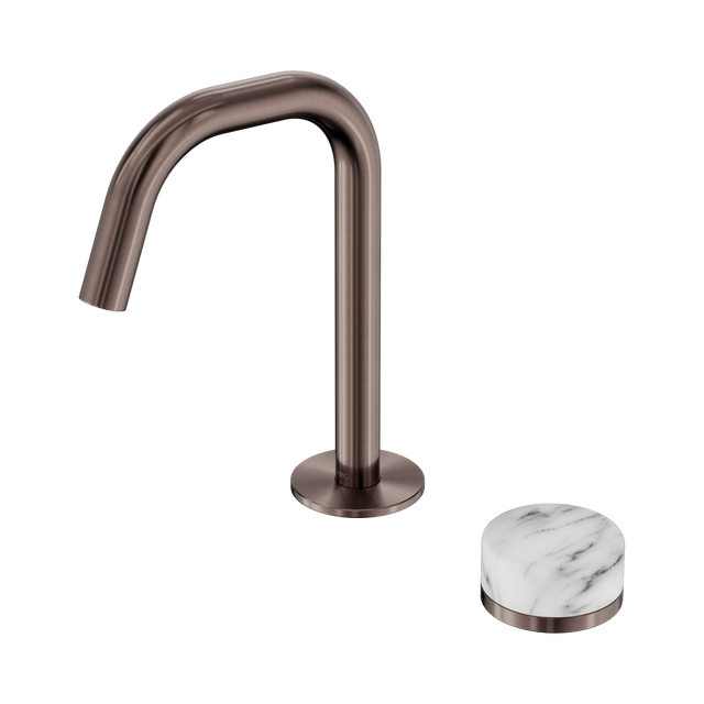 An image of Nero Tapware's Serenity Progressive Basin Mixer Edge Spout With Arabescato Corchia Handle Brushed Bronze