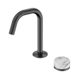 An image of Nero Tapware's Serenity Progressive Basin Mixer Edge Spout With Arabescato Corchia Handle Gun Metal