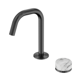 An image of Nero Tapware's Serenity Progressive Basin Mixer Edge Spout With Arabescato Corchia Handle Gun Metal